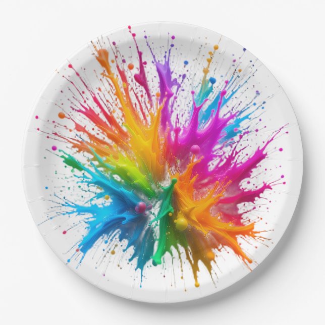 Assiettes En Carton Vibrant Rainbow Paint Splatter Explosion (Devant)