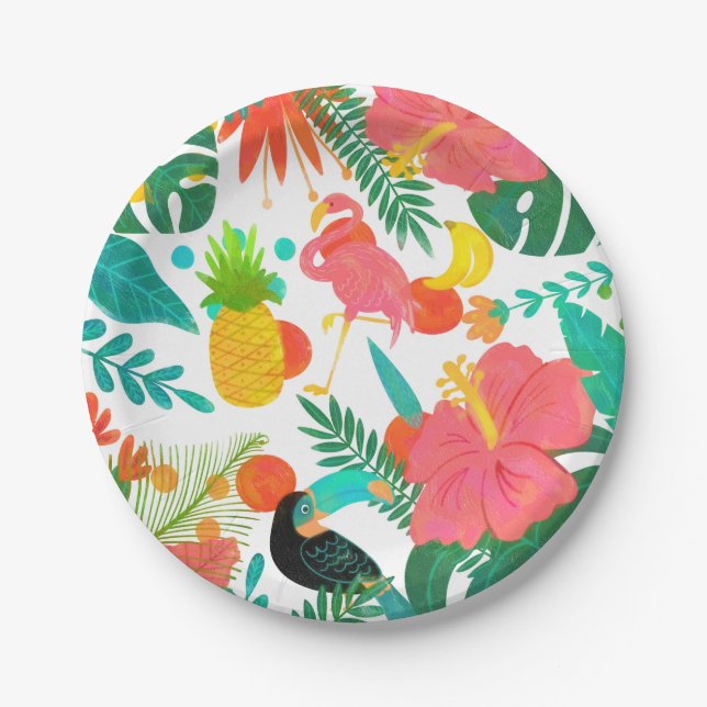 Assiettes En Carton Vibrations Tropicales Feuilles Florales Fête Été L (Devant)