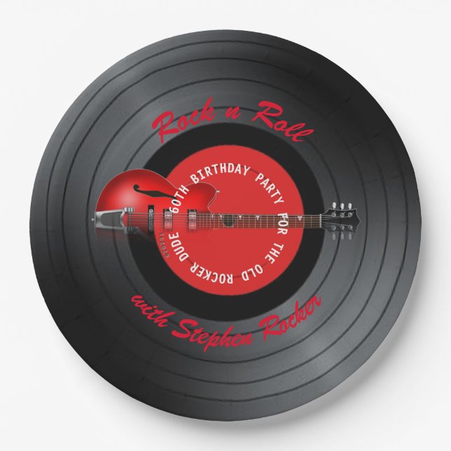 Assiettes En Carton Vieille fête d'anniversaire de disque de guitare (Devant)