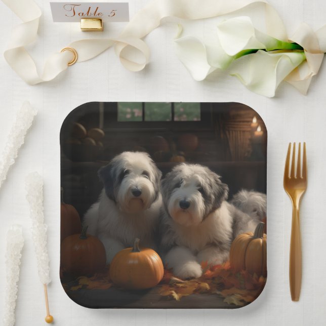 Assiettes En Carton Vieux anglais Sheepdog Chiot Chiot Automne Citroui (Mariage)