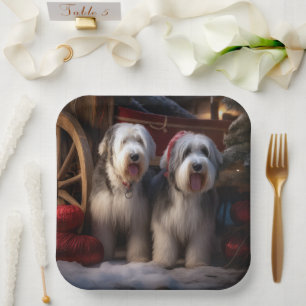 Assiettes En Carton Vieux chien de berger anglais enneigé Noël décorat