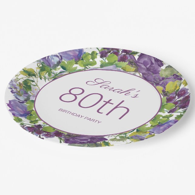 Assiettes En Carton Vignes Feuilles florales pourpres 80e anniversaire (Angle)