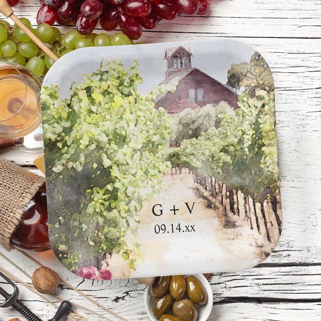 Assiettes En Carton Vignoble et Mariage d'aquarelle de la grange rouge (Perfect inspo for your casual vineyard or winery bridal shower or marriage reception.)