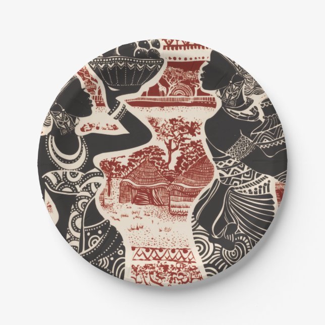 Assiettes En Carton Village des femmes africaines tribales de vintage  (Devant)