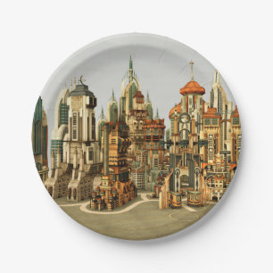 Assiettes En Carton Ville de fantasy futuriste Art de paysage urbain S