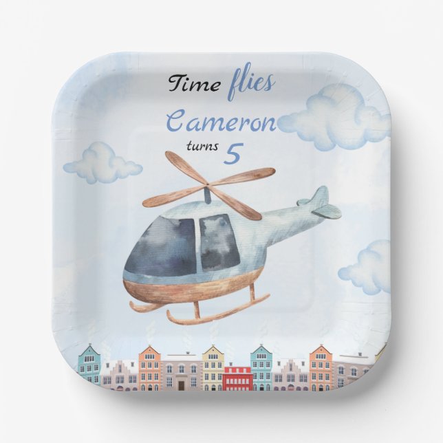 Assiettes En Carton Ville de l'hélicoptère Blue Watercolor (Recto)