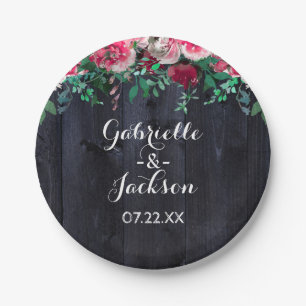 Assiettes En Carton Vin Blush & Marine Bois Bourgogne Mariage Monogram