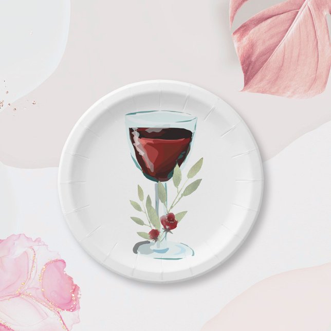 Assiettes En Carton Vin rouge Rose Aquarelle fête d'anniversaire (Créateur téléchargé)