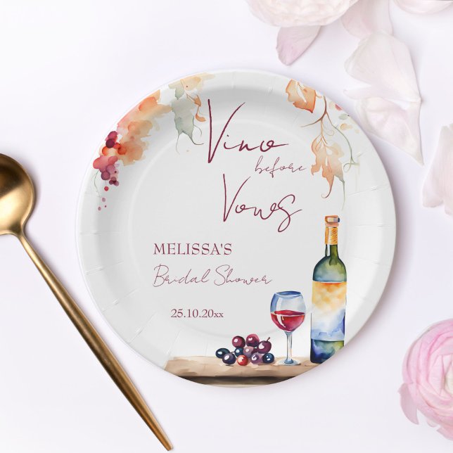 Assiettes En Carton Vino avant voeux vin nuptiale douche imprimé (Vino before vows winery vineyard wine bridal shower printed paper plates personalized table decor)