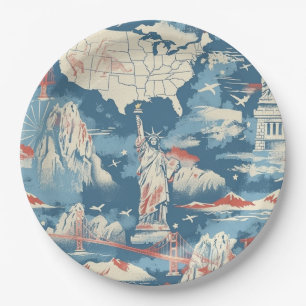 Assiettes En Carton Vintage American Landmark Motif - Liberty, USA
