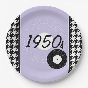 Assiettes En Carton Vintage années 1950 violet, noir et blanc à damier