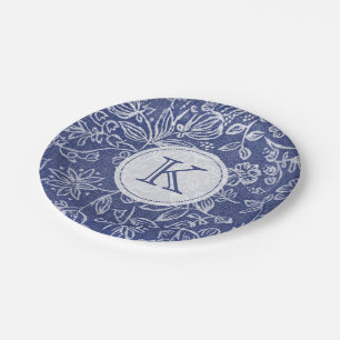 Assiettes En Carton Vintage bleu et blanc Floral Monogramme
