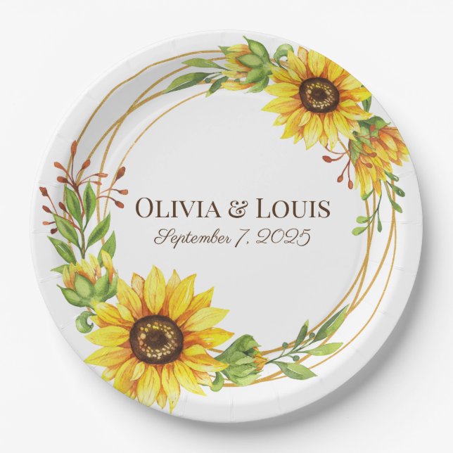 Assiettes En Carton Vintage boho mariage tournesols romantique (Devant)