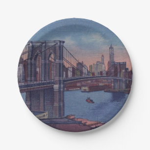 Assiettes En Carton Vintage Brooklyn Bridge peinture artistique