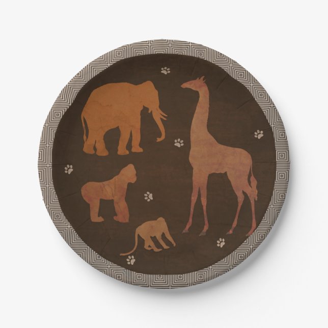 Assiettes En Carton Vintage Brown Safari Jungle Zoo Animaux (Devant)