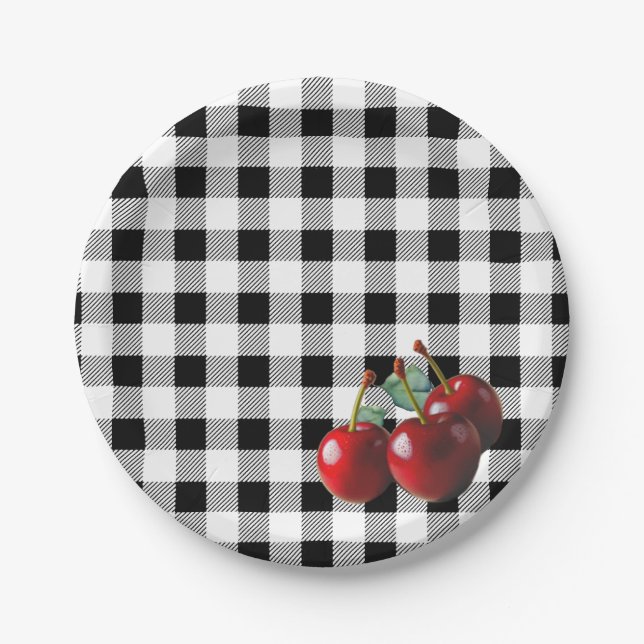 Assiettes En Carton Vintage Cherries black white gingham (Devant)