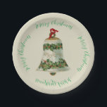 Assiettes En Carton Vintage Christmas Holly Bell & voeux de Noël<br><div class="desc">Cloche de Noël vintage avec baies sainte et rouge avec voeux de Noël joyeux. Art de Noël avec voeux de Noël.</div>