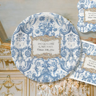 Assiettes En Carton Vintage Elegant Floral Bleu et Blanc Gold Bridal