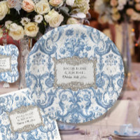 Vintage Elegant Floral Bleu n Blanc Silver Bridal