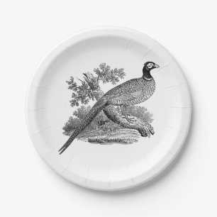 Assiettes En Carton Vintage faisan Jeu Oiseau Dessin BW