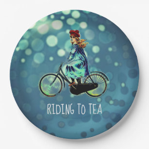 Assiettes En Carton Vintage fille à vélo - équitation à thé 
