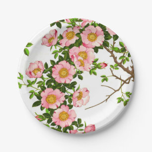 Assiettes En Carton Vintage fleurs de cerises japonaises, rose et or