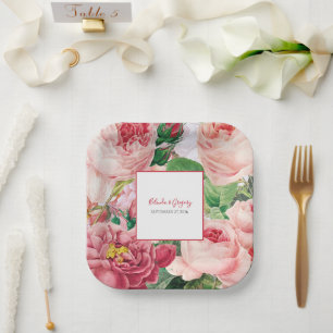 Assiettes En Carton Vintage Floral & Botanique Rose Roses Mariage