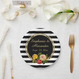 Assiettes En Carton Vintage floral noir et blanc bande personnalisée