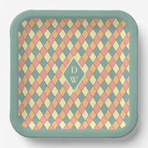 Assiettes En Carton Vintage Harlequine Diagonal dans Pastels Monogramm