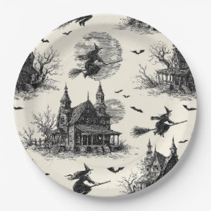 Assiettes En Carton Vintage Haunted House and Witch Toile Motif (2)