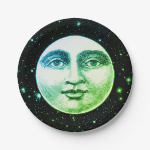 Assiettes En Carton Vintage homme dans la lune visage plein turquoise 