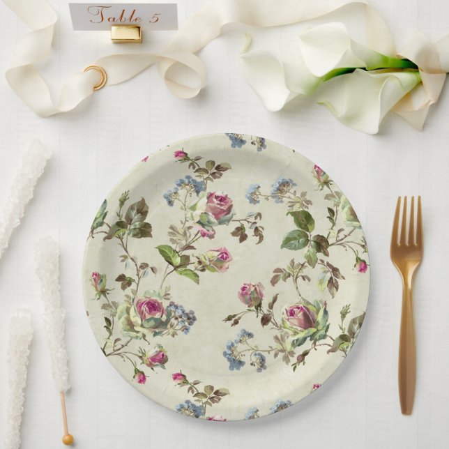 Assiettes En Carton Vintage mariage rose jardin fleuri (Mariage)