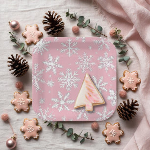 Assiettes En Carton Vintage moderne Pink Snowflakes motif carré