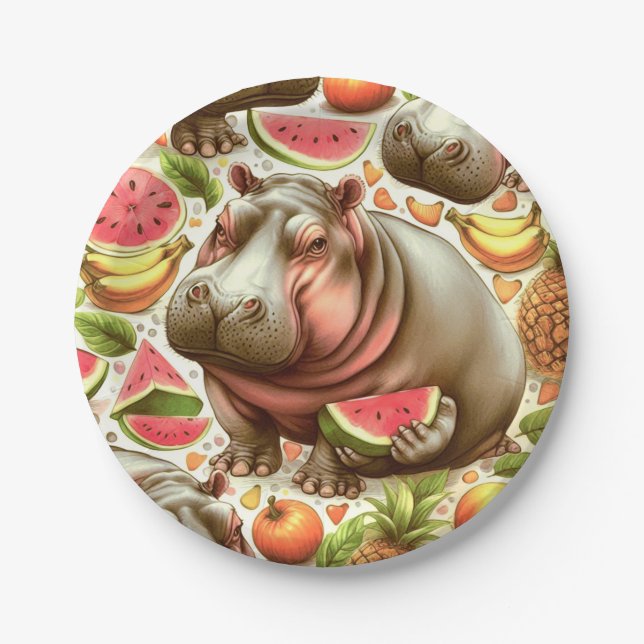 Assiettes En Carton Vintage Motif d'hippopotame tropical (Devant)