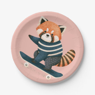 Assiettes En Carton Vintage Panda Roux Mignon Faisant du Skateboard