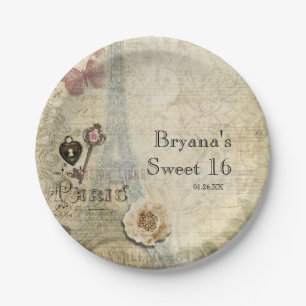 Assiettes En Carton Vintage Paris rose Roses Écluse & Key Chic Mariage