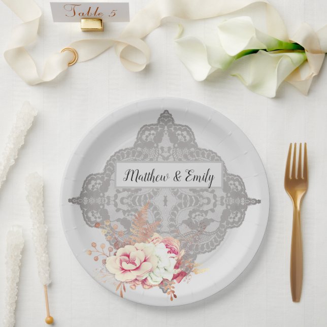 Assiettes En Carton Vintage Pastel Floral Rose (Mariage)