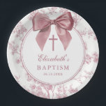 Assiettes En Carton Vintage Pink Bow Floral Baptism Christening<br><div class="desc">These pretty baptism,  christening paper plates feature an elegant pink bow and stylish typography with a floral background and can be personalized with your name and special date. Designed by Thisisnotme©</div>