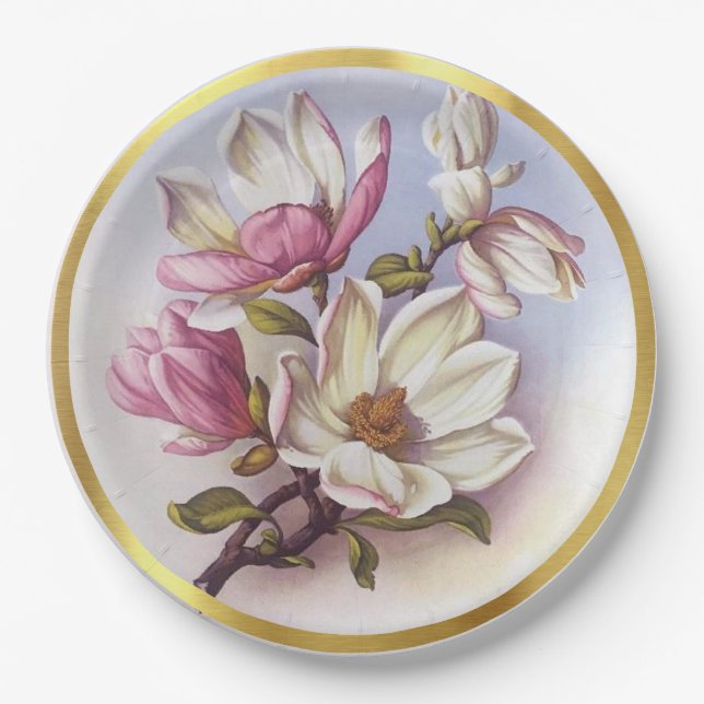 Assiettes En Carton Vintage Pink Magnolia Retro Botanical (Devant)