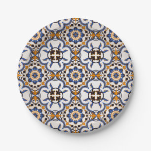 Assiettes En Carton Vintage Portugais Azulejo Blue Yellow Motif
