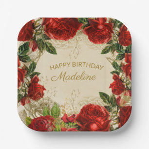 Assiettes En Carton Vintage Red Roses Femmes Joyeux Anniversaire Papie