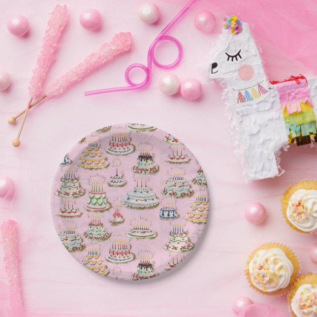 Assiettes En Carton Vintage Retro Joyeux gâteaux d'anniversaire (Fête)