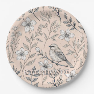 Assiettes En Carton Vintage Sakura Cerry Blossom & Bird Aesthétiquemen