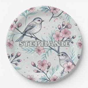 Assiettes En Carton Vintage Sakura Cerry Blossom & Bird Aesthétiquemen