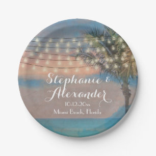 Assiettes En Carton Vintage String Lights Sunset Beach Wedding