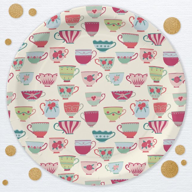 Assiettes En Carton Vintage Teacup Tea Party (Modern vintate teacup tea party pattern paper plates)