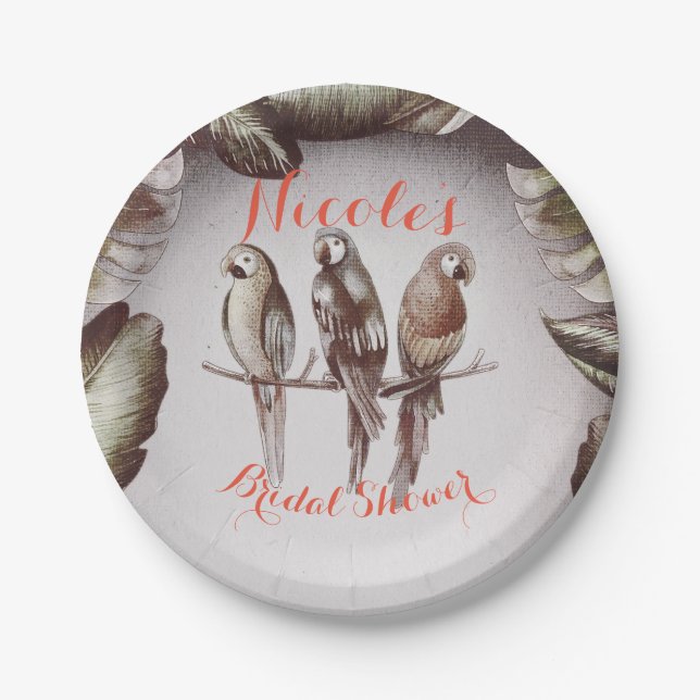 Assiettes En Carton Vintage Tiki Birds Parrots & Feuilles (Devant)