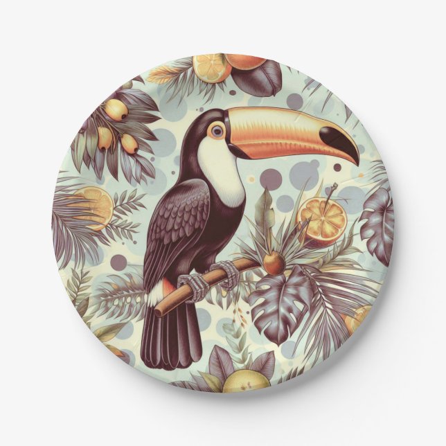 Assiettes En Carton Vintage Toucan Tropical Motif (Devant)