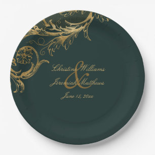 Assiettes En Carton Vintage Vert or Floral Damask Script Mariage