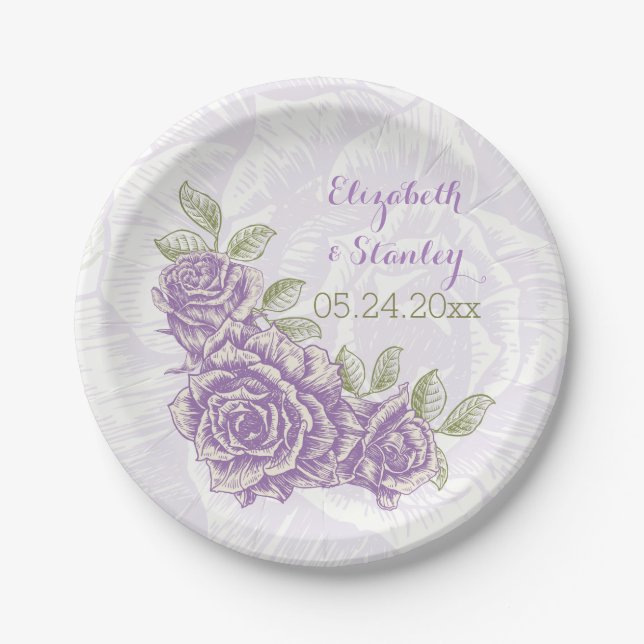 Assiettes En Carton Vintage violet rose mariage (Devant)